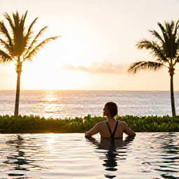 Caribbean Holidays, November Spa Breaks, Happy traveller relaxing beside an infinity pool at a Dominican Republic spa resort at sunset, palm trees and Caribbean sea