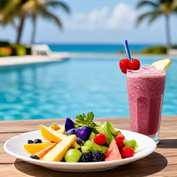 Caribbean Holidays, November Spa Breaks, Healthy Caribbean lunch with fresh fruit, salad and a colourful smoothie beside a resort pool