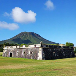 Caribbean Holidays, November Spa Breaks, Historic Brimstone Hill Fortress on Saint Kitts with green volcanic hills and bright Caribbean sky