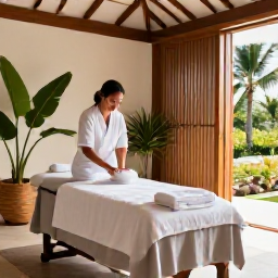 Caribbean Holidays, November Spa Breaks, Modern Jamaican resort spa with a therapist preparing a treatment room, tropical plants, soft towels and natural wood details