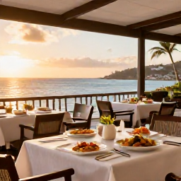 Caribbean Holidays, November Spa Breaks, Outdoor waterside restaurant serving fresh Caribbean food at sunset in Saint Martin