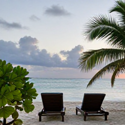 Caribbean Holidays, November Spa Breaks, Peaceful Jamaican beach at dusk with two sun loungers, tropical foliage and a tranquil wellness holiday atmosphere