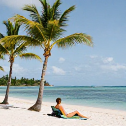 Caribbean Holidays, November Spa Breaks, Quiet sandy beach in Tobago with a couple relaxing under palm trees and calm turquoise sea
