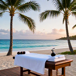 Caribbean Holidays, November Spa Breaks, Relaxing beachfront spa treatment at a luxury Jamaican resort in November, with palm trees, calm turquoise sea and warm natural light