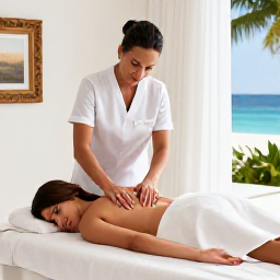 Caribbean Holidays, November Spa Breaks, Spa therapist giving a relaxing massage in a bright luxury treatment room in Sint Maarten