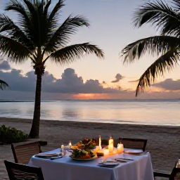 Caribbean Holidays, November Spa Breaks, Sunset dinner at a Jamaican beach resort, with fresh local food, candles, palm silhouettes and a calm Caribbean horizon