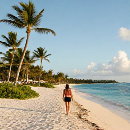 Caribbean Holidays, November Spa Breaks, Traveller walking along a quiet white-sand beach in The Bahamas, turquoise water, palm trees and warm November light