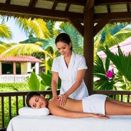 Caribbean Holidays, November Spa Breaks, Woman receiving a soothing massage beside an open-air pavilion surrounded by tropical greenery in the US Virgin Islands