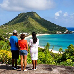 Caribbean Holidays, November Tours, A couple meeting a local guide beside a scenic Caribbean viewpoint overlooking bays and green hills on Saint Martin