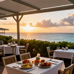 Caribbean Holidays, November Tours, A friendly Caribbean restaurant terrace at sunset in Sint Maarten, with tables, local seafood and a view across the sea