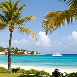 Caribbean Holidays, November Tours, A sunny coastal view of Saint Martin and Sint Maarten in November, with turquoise sea, palm trees and a small excursion boat