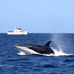Caribbean Holidays, November Tours, Humpback whale surfacing beside a sightseeing boat in the deep blue waters near Grand Turk