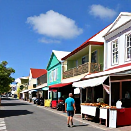 Caribbean Holidays, November Tours, Visitors exploring a colourful Caribbean market street in Marigot, Saint Martin, with local stalls, caf&eacute;s and French island architecture