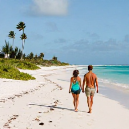 Caribbean Holidays, November Walking, A couple walking along a quiet white-sand beach on Providenciales in warm November sunshine, turquoise sea and low tropical vegetation