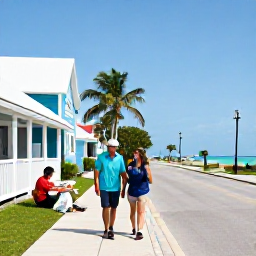 Caribbean Holidays, November Walking, A friendly couple enjoying a relaxed seaside lunch after a walk in Cockburn Town, Grand Turk, with colourful island buildings and a sunny street