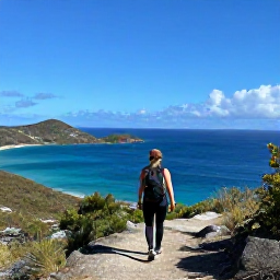 Caribbean Holidays, November Walking, A hiker looking across the Sir Francis Drake Channel from a high viewpoint in the British Virgin Islands on a bright November day