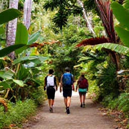 Caribbean Holidays, November Walking, Hikers walking through lush tropical woodland on Tortola, British Virgin Islands, with a clear trail and filtered November light