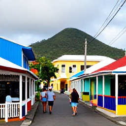 Caribbean Holidays, November Walking Holidays, A friendly island village street in Saint Vincent and the Grenadines, with local caf&eacute;s, colourful buildings and walkers exploring in November