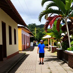 Caribbean Holidays, November Walking Holidays, A friendly local guide leading visitors along a historic Caribbean trail with traditional buildings and tropical plants