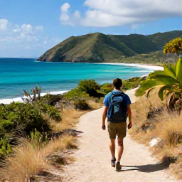 Caribbean Holidays, November Walking Holidays, A hiker walking along a quiet Caribbean coastal trail in November sunshine, with turquoise sea, green hills and warm natural colours