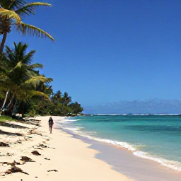 Caribbean Holidays, November Walking Holidays, A quiet Caribbean beach on Tobago with walkers exploring the shoreline, turquoise water and palm-fringed sand