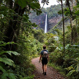 Caribbean Holidays, November Walking Holidays, A scenic Caribbean island trail winding through lush rainforest towards a distant waterfall, with a walker carrying a small rucksack
