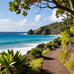 Caribbean Holidays, November Walking Holidays, A scenic coastal walking trail on Saint Martin with turquoise sea, rocky headland and tropical vegetation in warm November sunshine