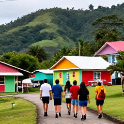 Caribbean Holidays, November Walking Holidays, Friendly local guide leading a small group of walkers through a colourful Caribbean village, with tropical hills and traditional houses