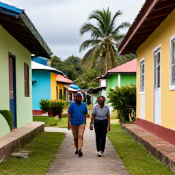 Caribbean Holidays, November Walking Holidays, Friendly local guide leading walkers through a Trinidad village, with colourful houses, tropical plants and welcoming island atmosphere