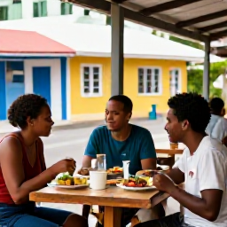 Caribbean Holidays, November Walking Holidays, Friendly outdoor caf&eacute; in Marigot with walkers enjoying local food, colourful buildings and a relaxed Caribbean atmosphere