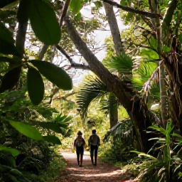 Caribbean Holidays, November Walking Holidays, Hikers on a rainforest path beneath towering trees and palms near the Vermont Nature Trail, Saint Vincent, with filtered November sunshine