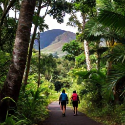 Caribbean Holidays, November Walking Holidays, Hikers walking through lush tropical woodland on Nevis, with volcanic slopes and filtered sunlight