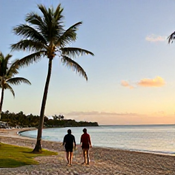 Caribbean Holidays, November Walking Holidays, Relaxed walkers beside a Caribbean beach at sunset on Saint Martin, with warm light, palm trees and calm sea