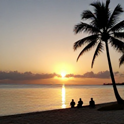 Caribbean Holidays, November Walking Holidays, Sunset over a calm Tobago bay with walkers resting near the shore, warm golden light and silhouettes of palm trees