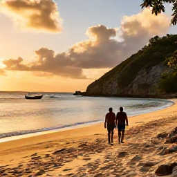 Caribbean Holidays, November Walking Holidays, Walkers exploring a golden Caribbean beach and rugged coastal path at sunset, with calm sea and small fishing boats nearby