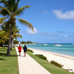Caribbean Holidays, November Walking Holidays, Walkers following a peaceful beach path near Grand Case, Saint Martin, with palm trees, calm Caribbean water and small fishing boats