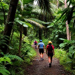 Caribbean Holidays, November Walking Holidays, Walkers following a peaceful rainforest path in the Tobago Main Ridge Forest Reserve, surrounded by tropical vegetation