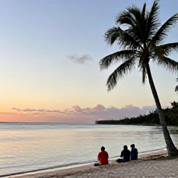 Caribbean Holidays, November Walking Holidays, Walkers resting beside a quiet Caribbean beach on Nevis at sunset, with calm water and palm trees