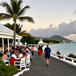 Caribbean Holidays, November Walking, Travellers relaxing at a waterfront restaurant in Road Town, Tortola, British Virgin Islands, during a warm November evening