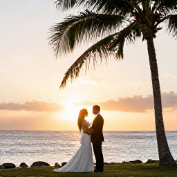 Caribbean Holidays, November Weddings, A bride and groom enjoying a sunset wedding photo beside the Caribbean sea, with warm golden light and palm trees on Saint Martin
