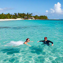 Caribbean Holidays, November Weddings, A bride and groom swimming and snorkelling in clear turquoise water near a Bahamian island after their wedding