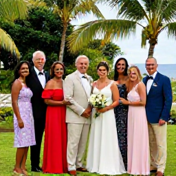 Caribbean Holidays, November Weddings, A happy newlywed couple posing with their family and friends in a tropical Montserrat setting