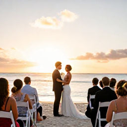 Caribbean Holidays, November Weddings, A happy wedding couple and guests enjoying a sunset reception beside the beach in The Bahamas