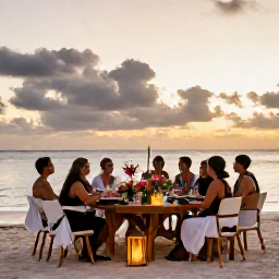 Caribbean Holidays, November Weddings, A happy wedding party enjoying a relaxed sunset reception on a Caribbean beach, with lanterns, tropical flowers and a long dining table