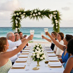 Caribbean Holidays, November Weddings, A happy wedding party raising glasses at a beachfront reception in Saint Martin, with tropical decorations and the sea beyond