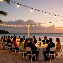 Caribbean Holidays, November Weddings, A happy wedding reception at a Dominican Republic resort, with guests dining outdoors beneath string lights beside the beach at sunset