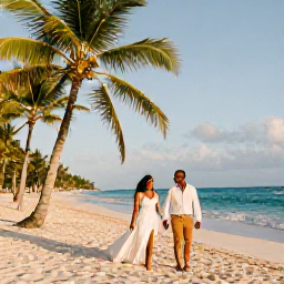 Caribbean Holidays, November Weddings, A newly married couple walking along a palm-fringed Dominican Republic beach in warm November sunshine, with turquoise sea and soft white sand