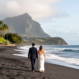 Caribbean Holidays, November Weddings, A newly married couple walking along a quiet black-sand beach in Montserrat beneath soft November sunshine