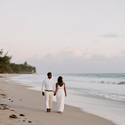 Caribbean Holidays, November Weddings, A newly married couple walking along a quiet Caribbean beach in Trinidad and Tobago in November, soft morning light and gentle waves