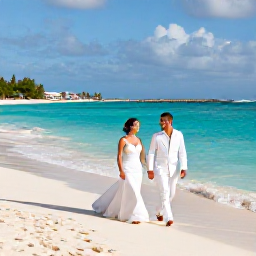 Caribbean Holidays, November Weddings, A newly married couple walking along a sunny Caribbean beach in Saint Martin, with turquoise water, soft white sand and gentle November light